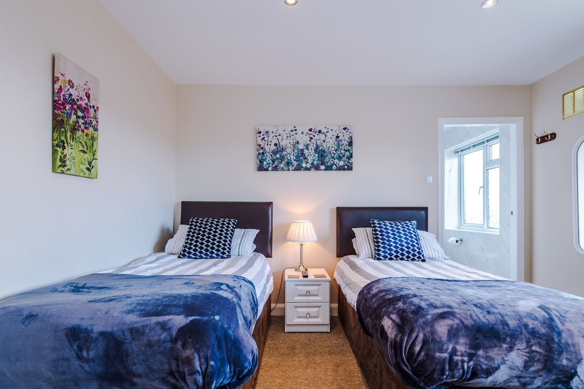 A serene double bedroom features two spacious beds adorned with plush bedding and decorative cushions. A bedside table with a lamp provides soft lighting. Colorful wall art adds a touch of charm, while the room is illuminated by natural light from a nearby window.