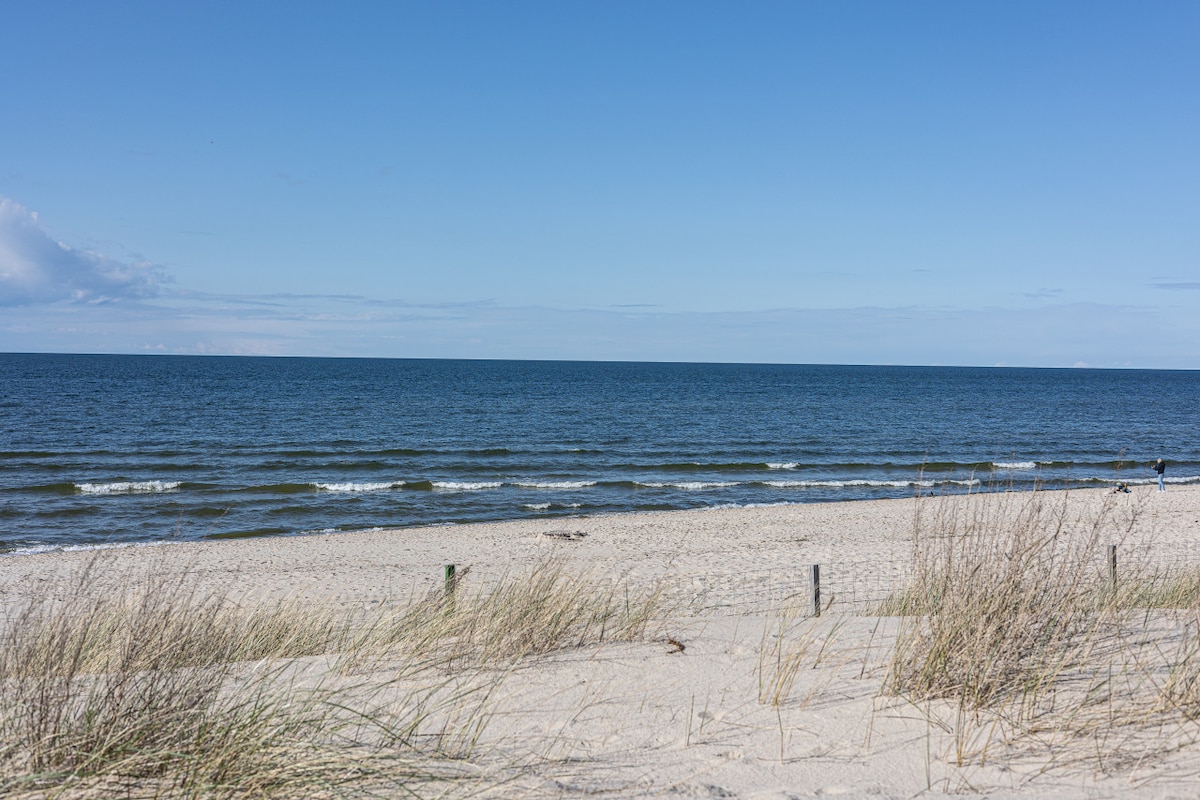 A serene beach scene is presented with gently lapping waves on the calm sea. Soft, sandy shores extend toward the water's edge, bordered by sparse dune grass swaying in the breeze. A clear blue sky complements the tranquil atmosphere.