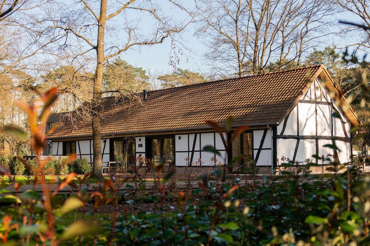 The exterior of a charming lodge is showcased, featuring a balanced design of white walls and dark wooden accents. Surrounded by trees and greenery, the building presents a welcoming facade with multiple windows and a sloped roof, set in a peaceful natural environment.