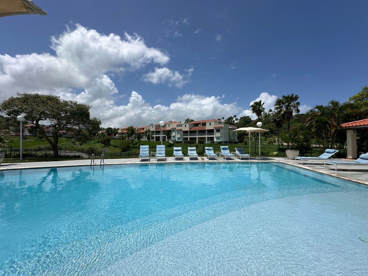 A large pool glistens in the sunlight, surrounded by lounge chairs under umbrellas. Lush greenery and the community buildings are visible in the background, contributing to a serene and inviting atmosphere.