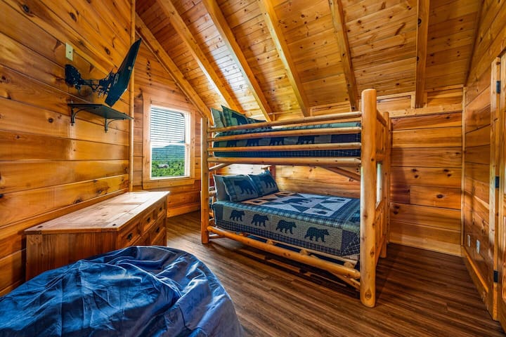Bedroom 4:  Queen over queen bunk bed, ensuite bathroom with shower.  Reading nook by window.   (upper level)