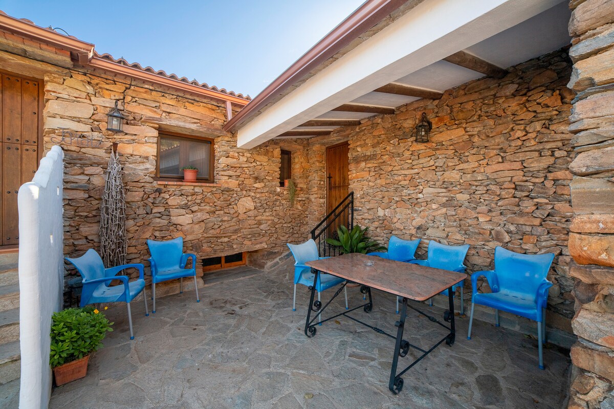 A private outdoor area is shown featuring a stone patio adorned with a rectangular table and six blue chairs. The rustic stone walls add texture, while steps lead to a door. Potted plants bring greenery to the space, enhancing its natural charm.