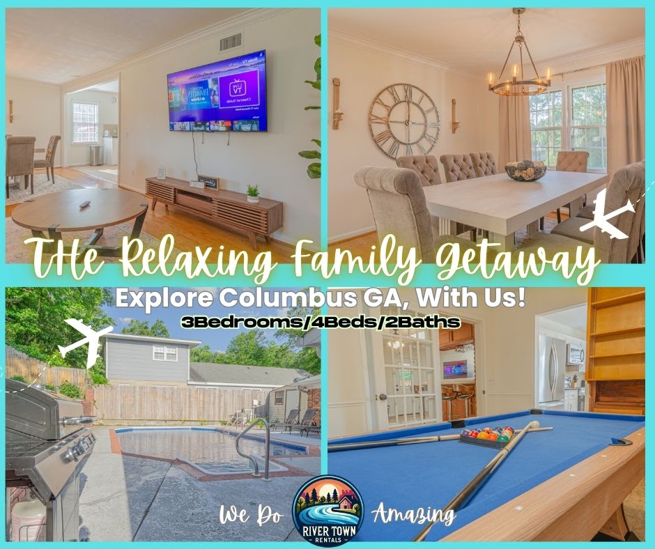 An inviting living area features a large flat-screen TV mounted on the wall and a comfortable seating arrangement. A dining table, elegantly set with chairs, offers a perfect space for meals. The outdoor area includes a refreshing swimming pool and a pool table within a spacious setting.