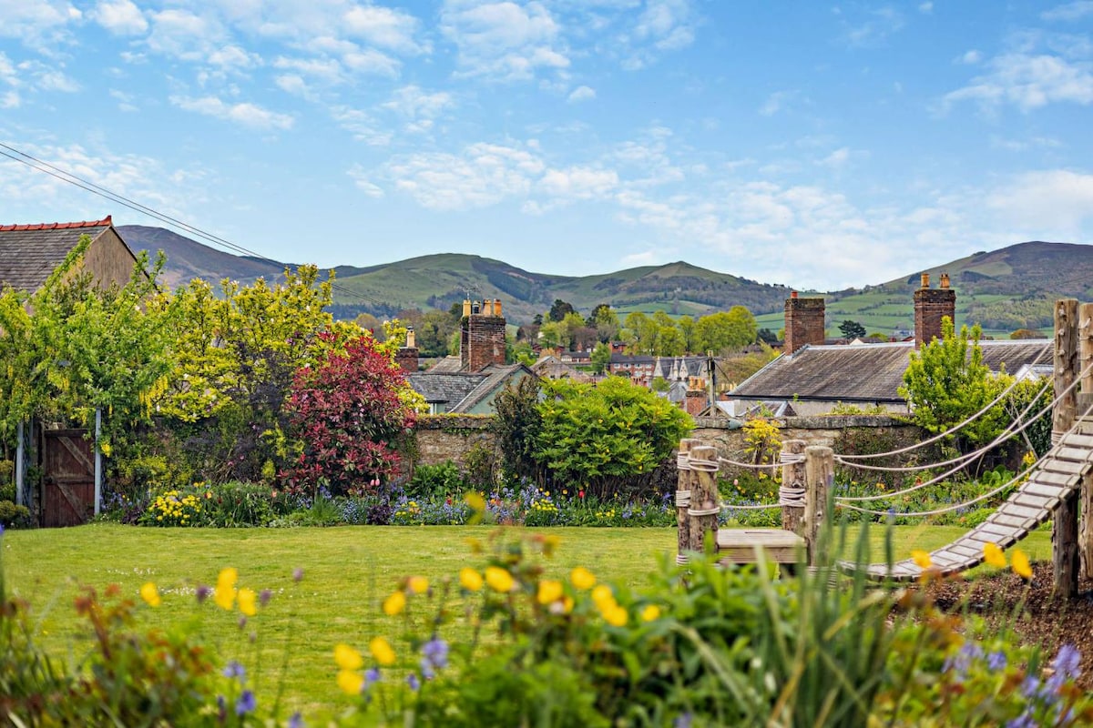 A wide view of the garden showcases lush greenery with vibrant flower beds and a children's climbing frame, offering a playful atmosphere. The distant hills of the Clwydian Range are visible against a clear blue sky, enhancing the serene rural setting.