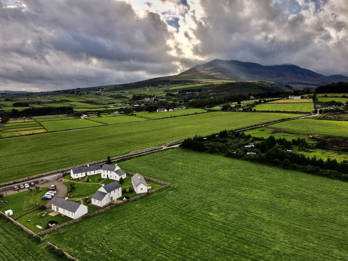 An aerial view of a cluster of cottages is framed by lush green fields, with rolling hills in the background. The Mourne Mountains are visible, contrasting with the expansive landscape under a partly cloudy sky.
