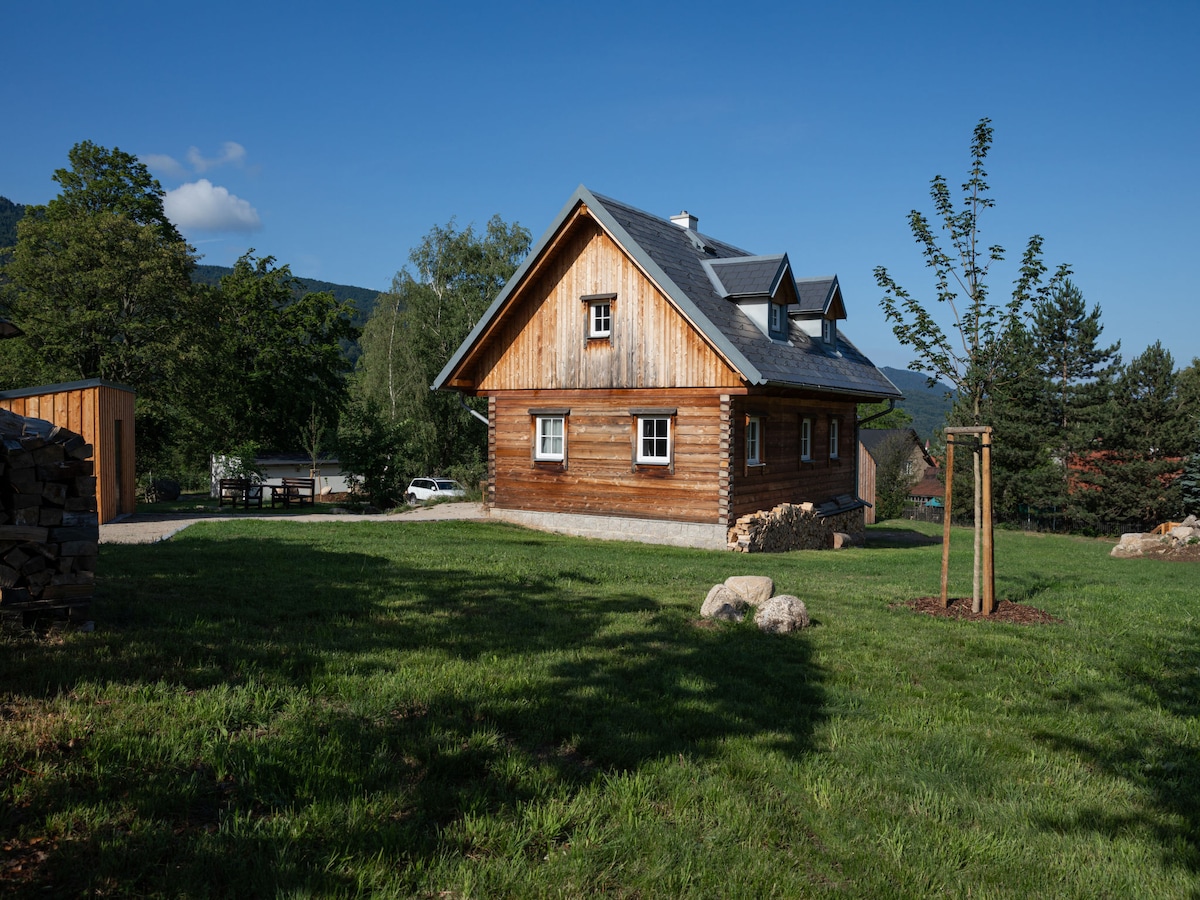 The exterior of a two-story wooden chalet is displayed, featuring a combination of log and traditional materials. Surrounded by greenery, the structure is set against a clear blue sky. A manicured lawn and a few trees decorate the landscape, creating a serene environment.