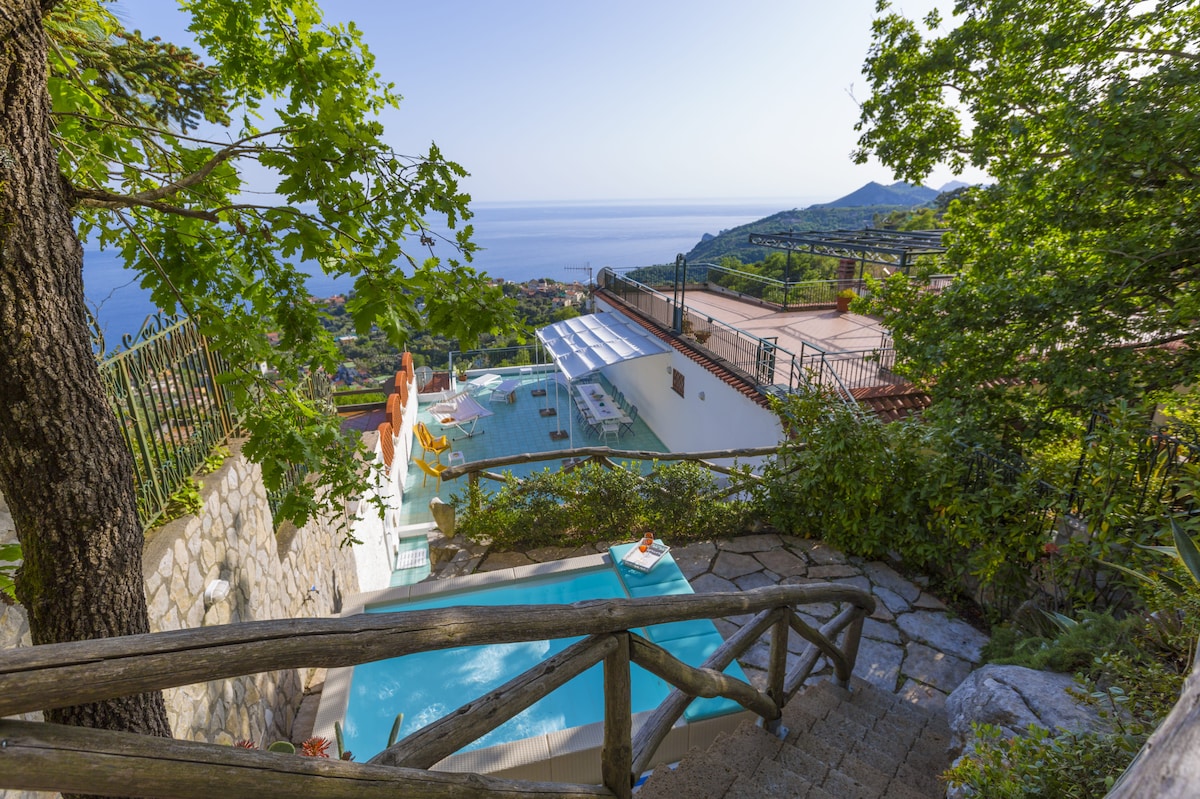 A serene view captures the inviting swimming pool, surrounded by lush greenery and stone pathways. Sun loungers are visible under an awning, while the tranquil sea and distant hills provide a stunning backdrop.