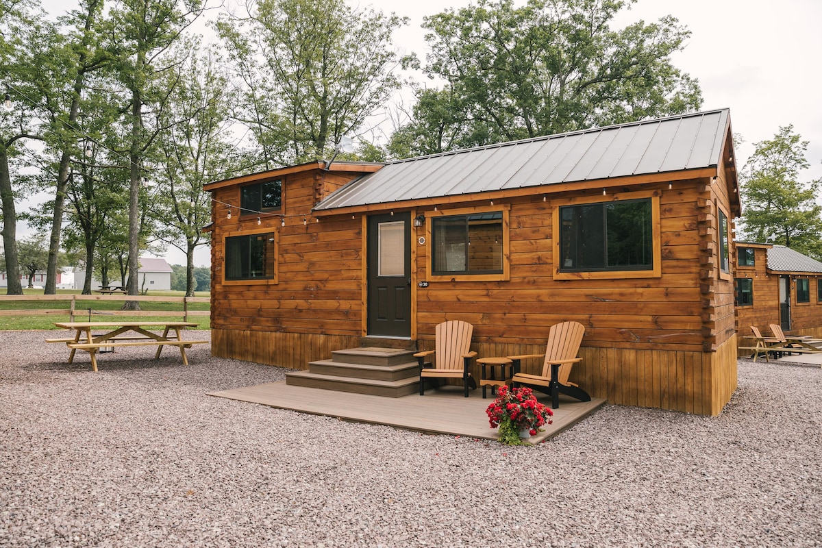 A rustic log cabin features a welcoming front porch with two wooden chairs and a small table, adorned with flowering plants. The structure, surrounded by gravel and trees, showcases a metal roof and large windows, inviting natural light inside.