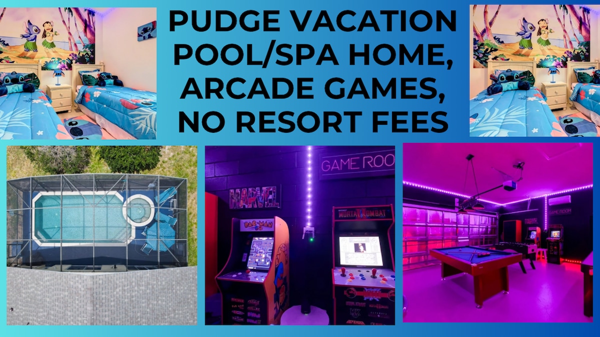 An aerial view highlights a screened-in private pool surrounded by a lush yard. The game room features vibrant neon lighting, arcade machines, and a pool table. Two twin beds are decorated with colorful bedding, providing an inviting sleeping area.