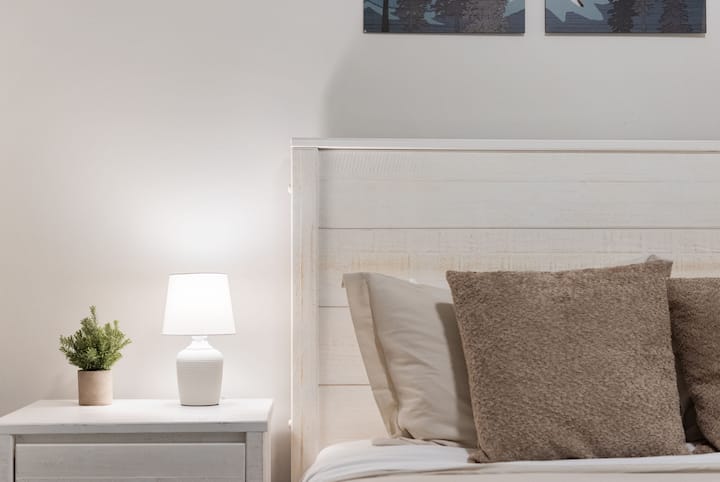 มุมสบายๆพร้อมโคมไฟอุ่นๆและต้นไม้ขนาดเล็กที่นำความสงบมาสู่ที่พักในปริมาณที่เหมาะสม