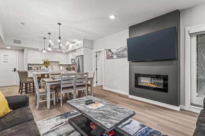 Gorgeous accent wall around the electric fireplace
