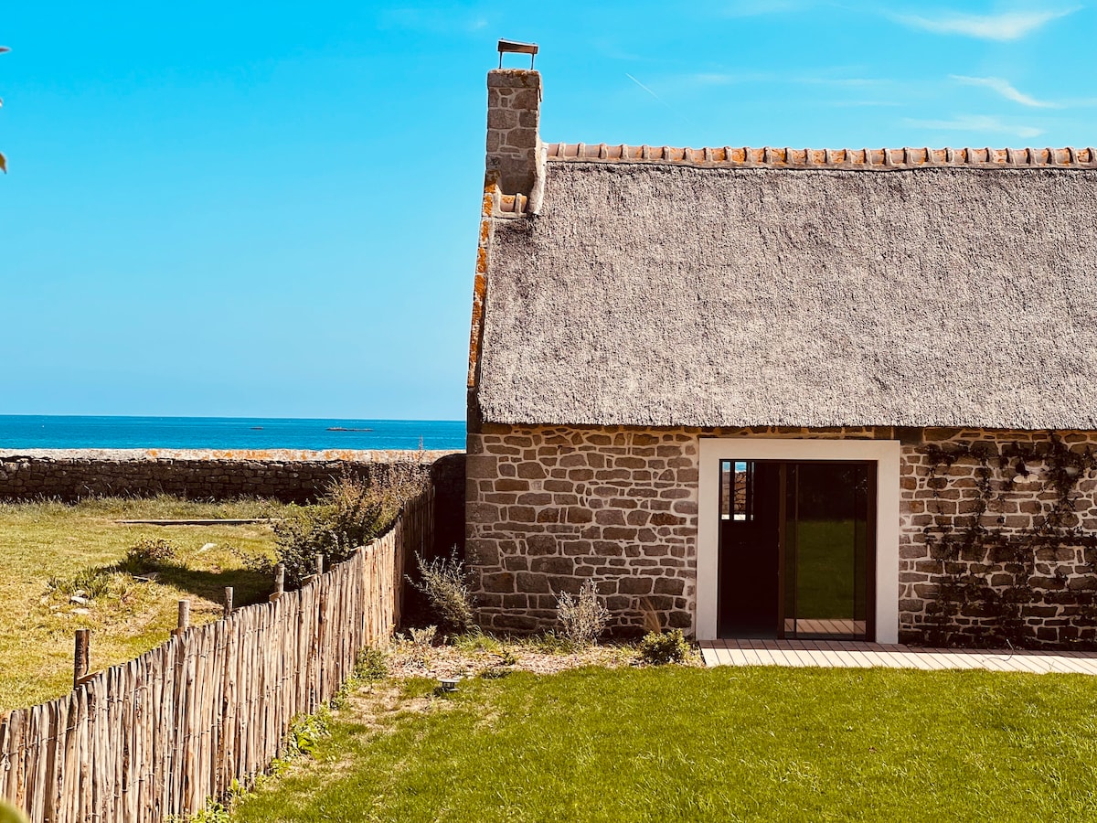 A charming stone cottage features a thatched roof and faces the ocean. Lush green grass surrounds the property, with a wooden fence marking the boundary. Large glass doors provide a view of the serene landscape, where the sky meets the sea under clear blue conditions.
