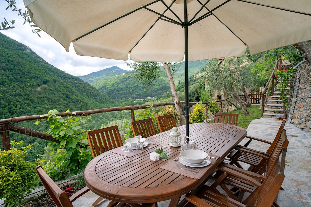 An outdoor dining area is presented under a large umbrella, featuring a wooden table surrounded by several chairs. Lush greenery and mountainous views create a serene backdrop, enhancing the outdoor experience for guests.