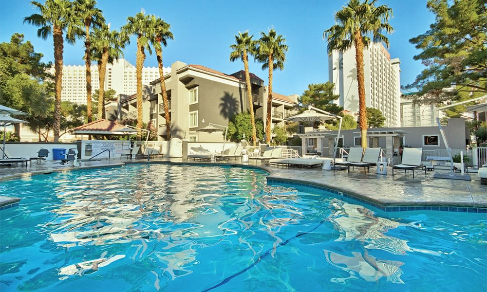 An inviting outdoor pool is surrounded by palm trees and lounge chairs. A spacious deck area features shaded seating options near the water, and the skyline of a nearby hotel is visible in the background, contributing to a relaxed resort ambiance.