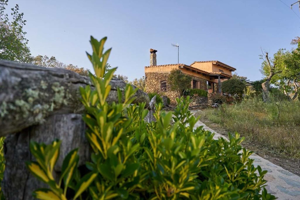 The stone cottage is framed by lush greenery, showcasing traditional architecture with a terracotta roof and a stone chimney. A path leads to the entrance, surrounded by a tranquil outdoor area with trees and open spaces, under a clear blue sky.