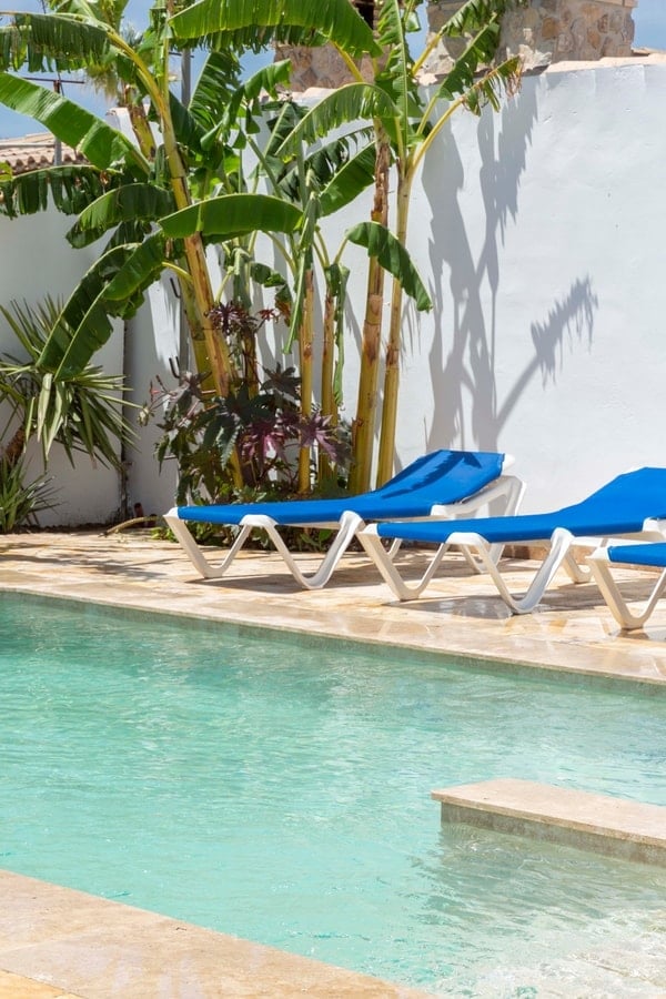 The inviting outdoor area features a shimmering pool surrounded by lush greenery. Sun loungers are arranged along the poolside, offering a comfortable spot for relaxation. The clean lines of the space are complemented by the vibrant blue of the loungers against the white walls.