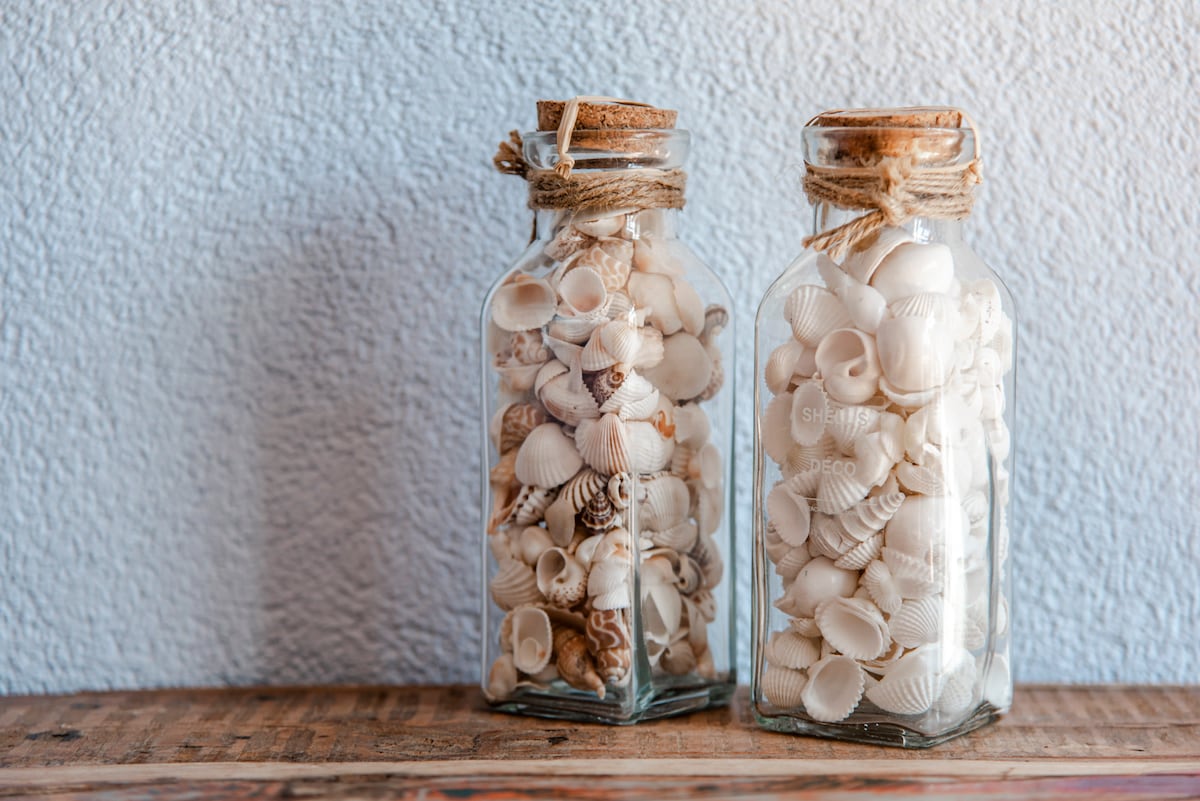 Two glass bottles filled with a variety of seashells are displayed on a wooden surface. The bottles feature cork stoppers topped with twine, while the wall behind is painted in a soft, pale blue hue.