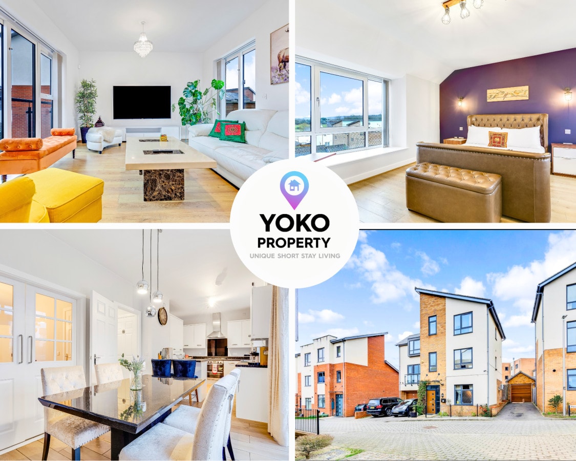 The living area features large windows allowing natural light to enhance the modern decor. A vibrant yellow sofa complements the neutral tones, creating a welcoming space. The dining area showcases a stylish set of chairs surrounding a glass table, ideal for gatherings.