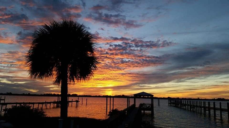 A vibrant sunset is displayed over the water, with a silhouette of a palm tree in the foreground. The sky is filled with colorful hues of orange, pink, and purple. A dock with wooden posts is visible along the shoreline, reflecting the serene atmosphere.