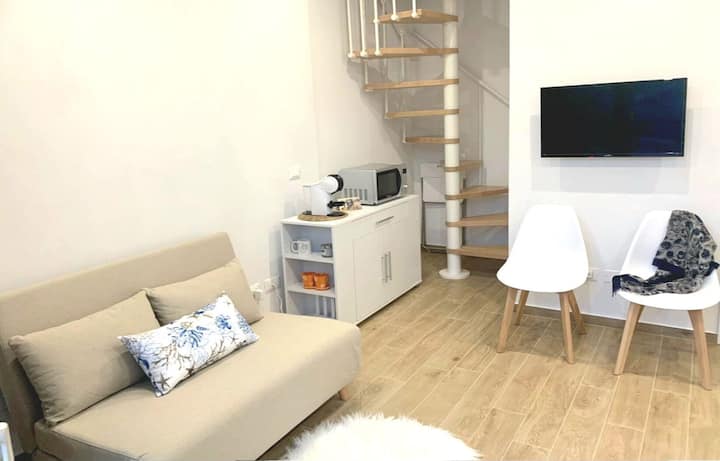 Მისაღები ოთახი გადაჰყურებს კერძო ბაღს და აღჭურვილია ერთადგილიანი გასაშლელი დივნით (სიგანე 80 სმ), სასადილო მაგიდით 4 ადამიანისთვის და სამზარეულოთი, პატარა, მაგრამ კარგად აღჭურვილი სამზარეულოთი.