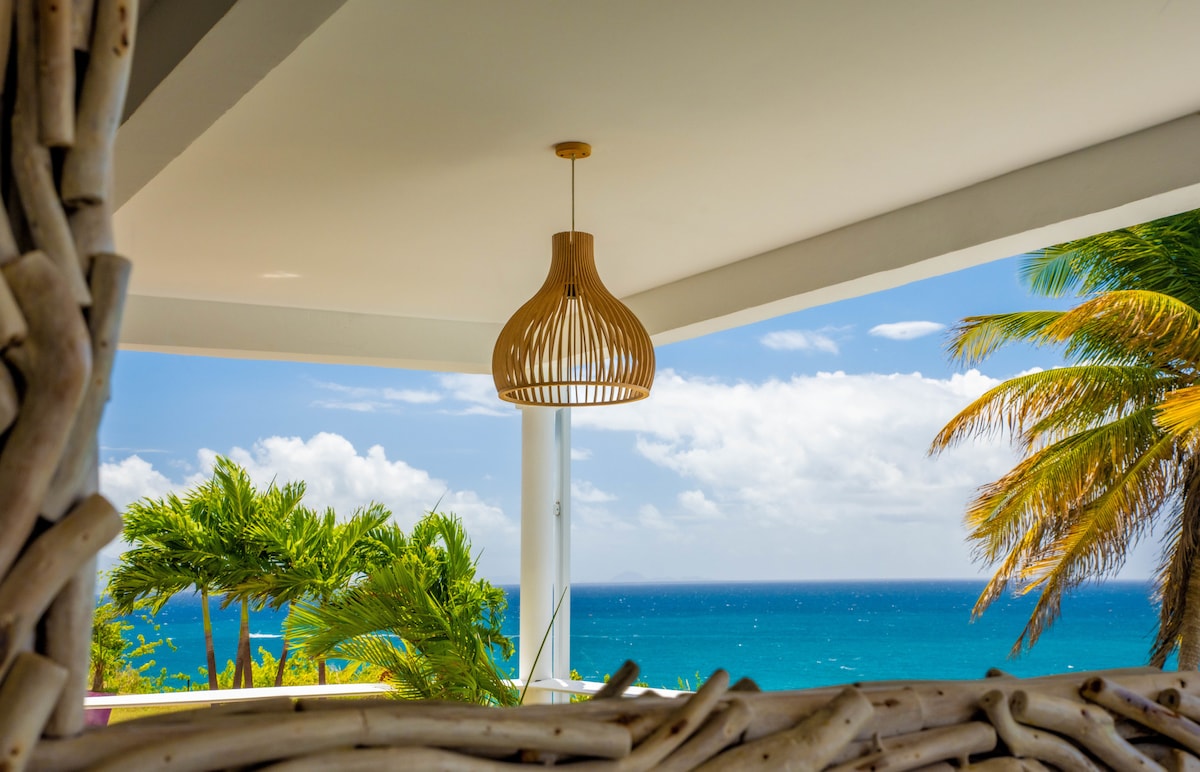 A pendant light made of natural materials hangs from the ceiling over a spacious terrace. Lush palm trees frame the view of the vibrant turquoise sea, with clear skies visibile in the background. The overall ambiance reflects a serene outdoor living space.