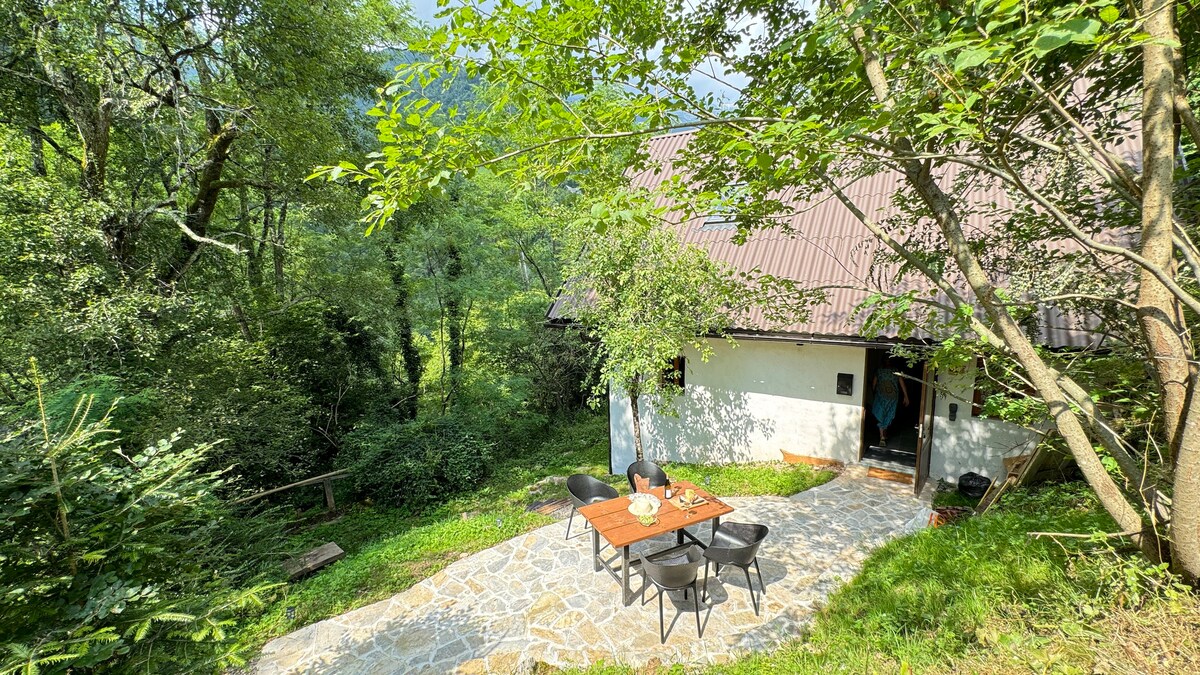 A stone patio is shown in front of the cottage, furnished with a wooden table and four chairs. Surrounding greenery and trees create a natural setting, adding to the peaceful atmosphere. The cottage is partially visible, blending harmoniously with its environment.