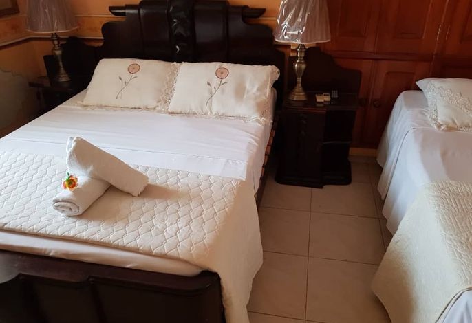 A cozy sleeping area is featured with a spacious double bed adorned with embroidered linens, alongside a single bed. Two bedside lamps complement the dark wooden furniture and warm lighting. Fresh towels and a decorative touch add to the inviting decor.
