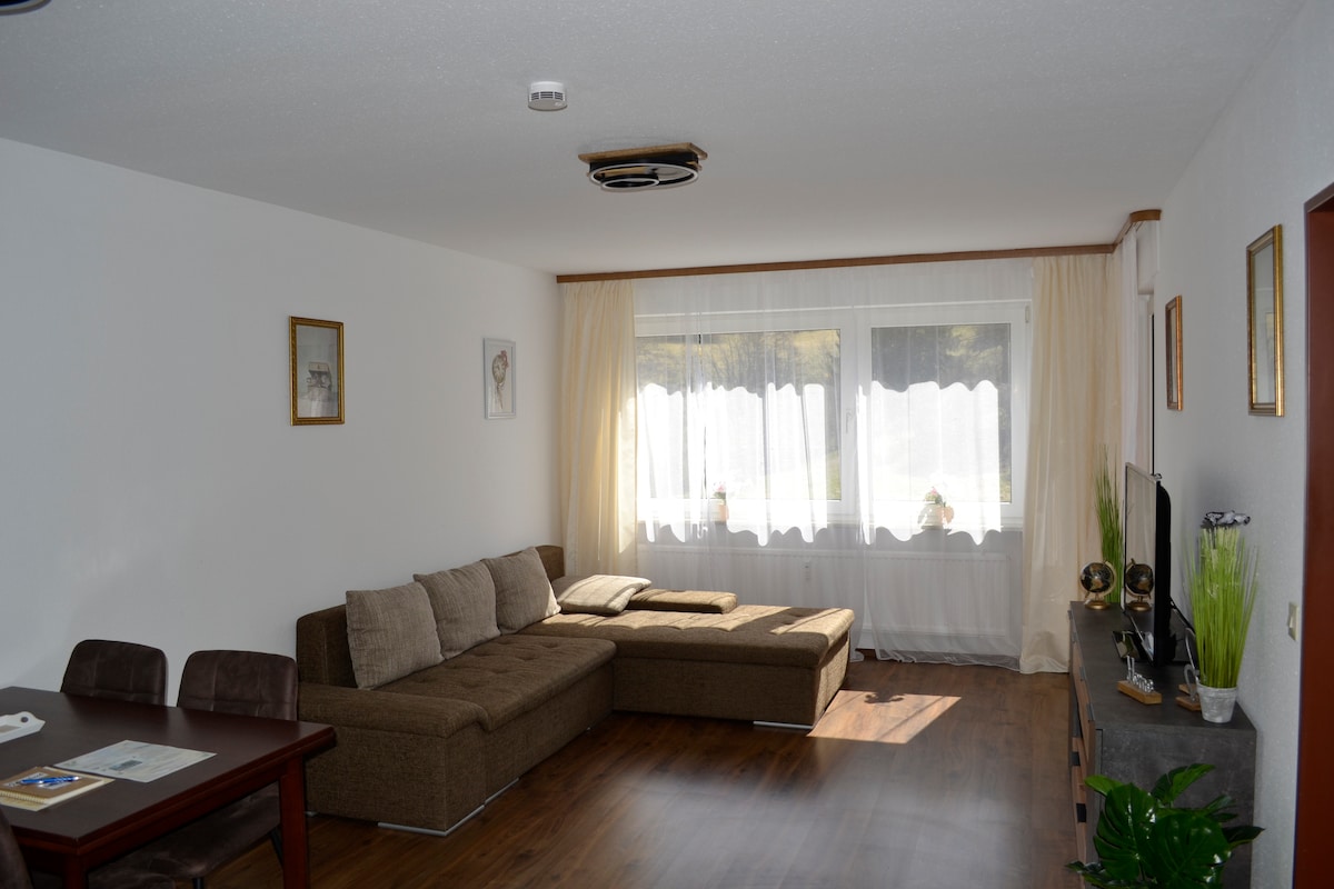 A spacious living area features a cozy sectional sofa, inviting for relaxation. A wooden dining table with chairs sits nearby. Large windows dressed in sheer curtains allow natural light to fill the room, creating a bright and open atmosphere. Decorative wall art adds character.