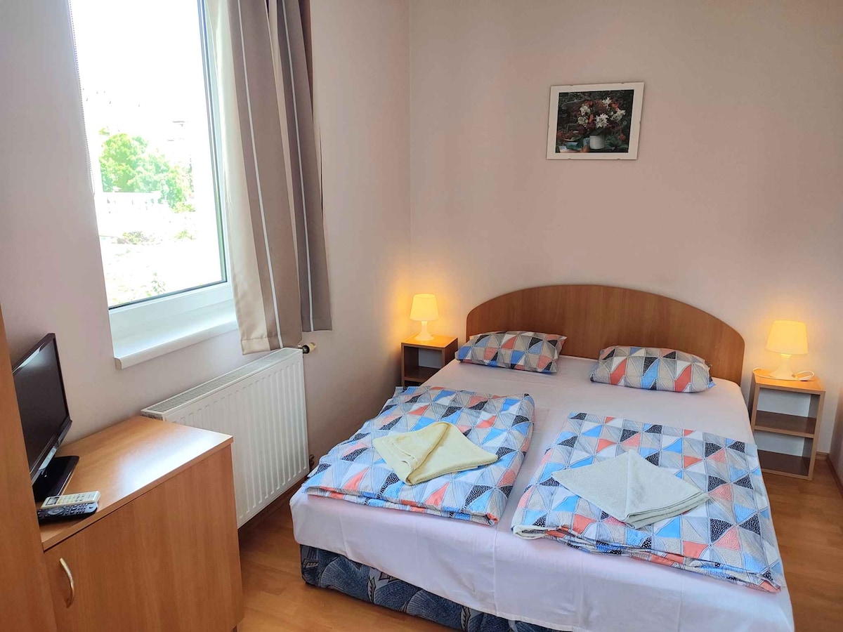 The bedroom features a spacious bed with a patterned coverlet and matching pillows. Two bedside lamps provide soft illumination. A television and wooden dresser are positioned alongside the wall. Natural light enters through a large window, framed by curtains, highlighting the neutral wall color.