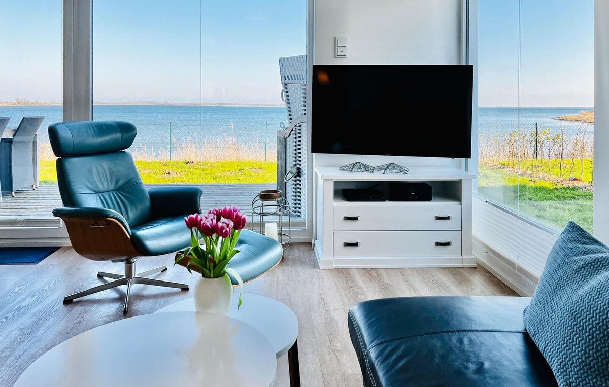 A modern living area is furnished with a blue lounge chair and a sleek television unit. A small round table with a vase of tulips adds a splash of color. Floor-to-ceiling windows provide an unobstructed view of the Schlei, enhancing the light and openness of the space.
