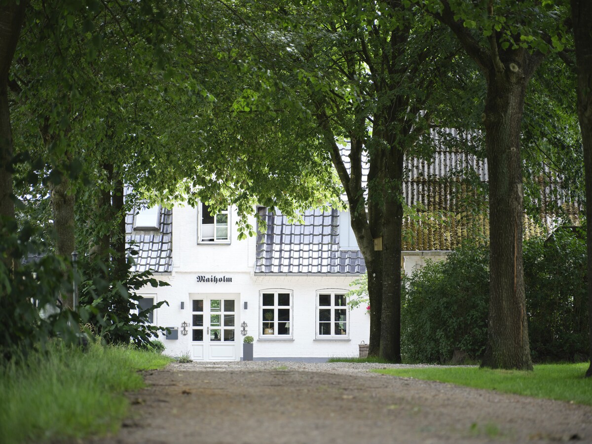 The exterior of Hof Maiholm is framed by lush trees lining a gravel pathway. The building features a white façade with large windows and a sloped roof. A welcoming entrance, marked by two lanterns, leads into the property amidst a serene garden setting.