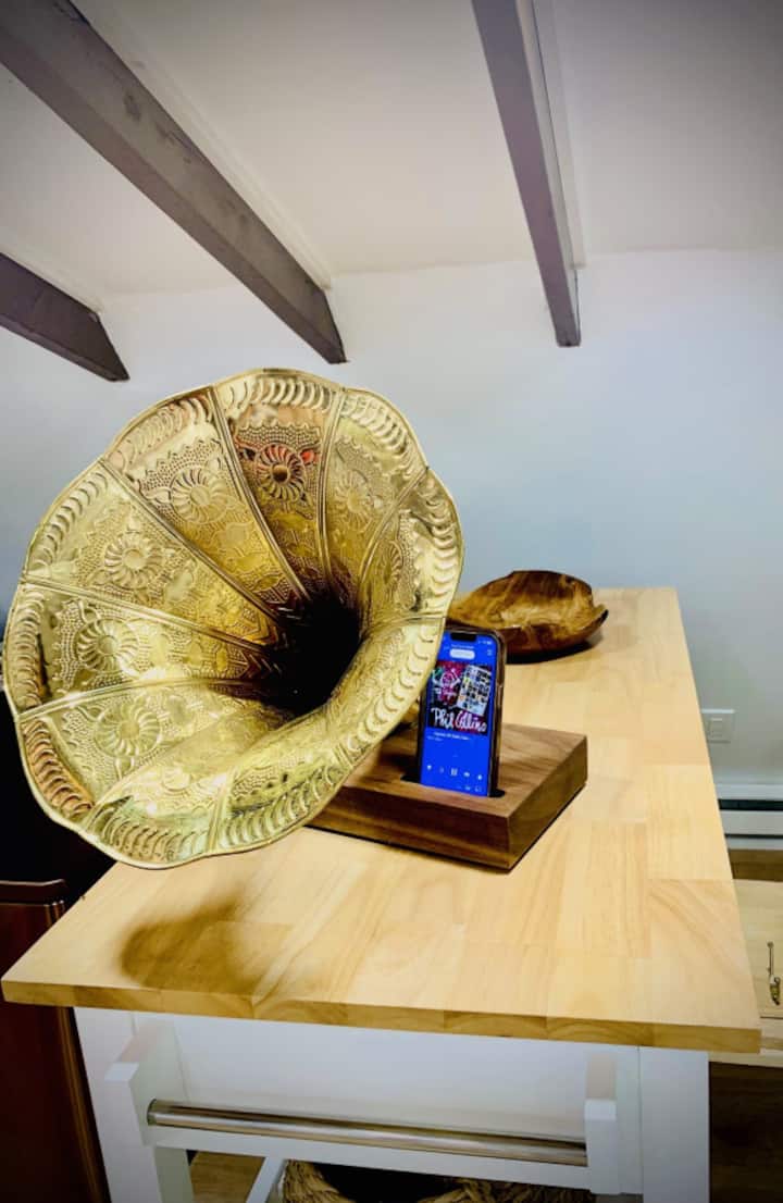 Where style meets function, a vintage-inspired golden horn speaker adds character while amplifying your favorite music.