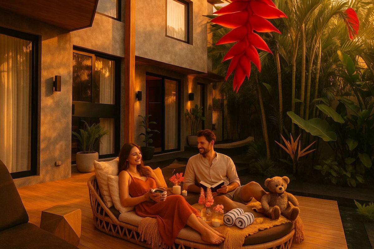 An inviting outdoor lounge area is shown, featuring a cozy seating arrangement with plush cushions. Soft lighting highlights tropical plants in the background. Decorative elements, such as a teddy bear and tropical flowers, are present, enhancing the relaxing ambiance of the space.