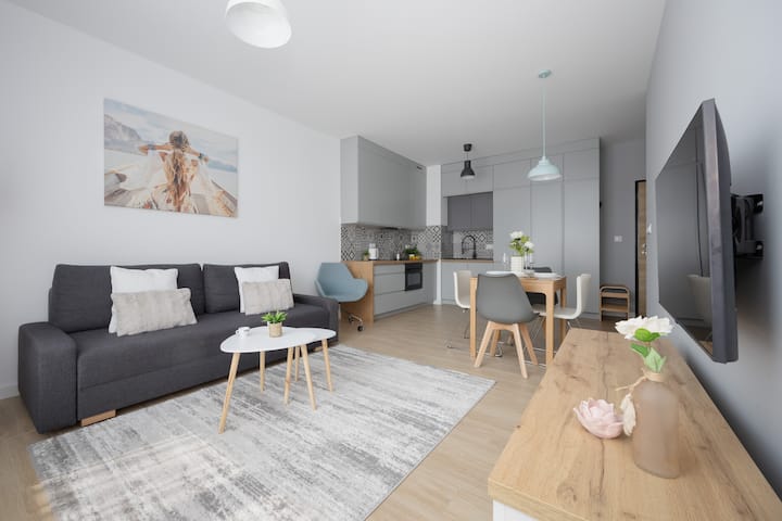 Woonkamer met kitchenette – Open ruimte met een comfortabele zithoek en moderne keuken op de achtergrond.