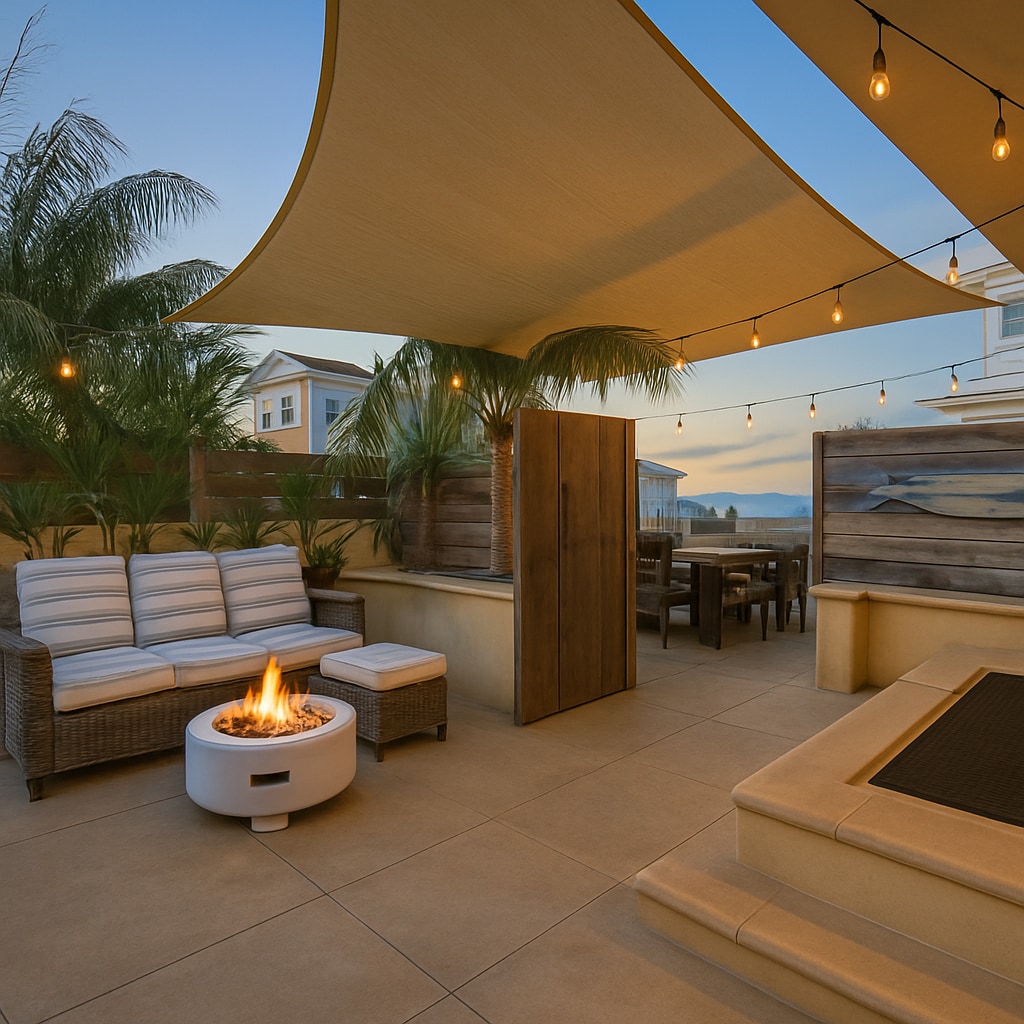 An outdoor space is showcased, featuring a cozy seating area with neutral-toned cushions arranged around a fire pit. Above, a large canopy provides shade, while string lights create a soft glow. Lush greenery adds a vibrant touch to the setting.