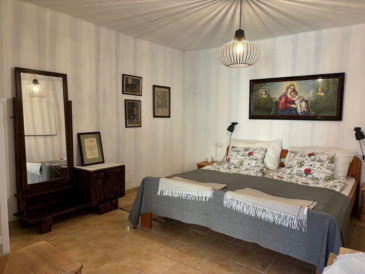 A spacious bedroom features a double bed dressed with a simple gray blanket and floral pillows. A decorative mirror and wooden dresser are positioned nearby. Soft lighting illuminates the room, and framed artwork adorns the walls, contributing to a calm ambiance.