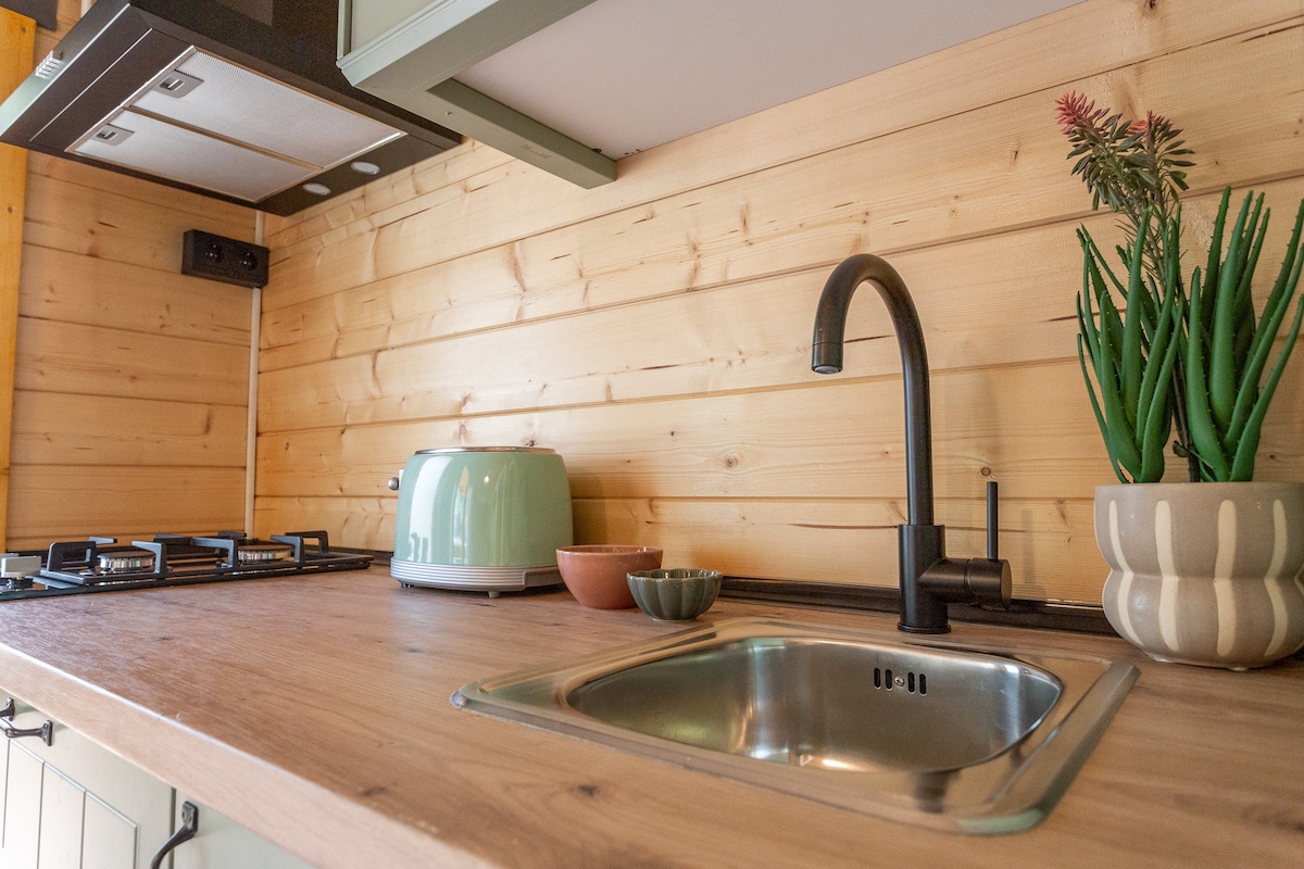 A fully equipped mini-kitchen features a stainless steel sink, with a sleek black faucet positioned next to a green kettle. Gas burners are located on one side, accompanied by a small bowl and a potted plant, all set against a warm wooden panel backdrop.