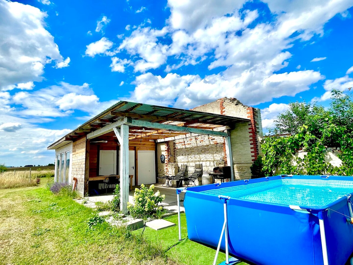 The exterior features a rustic structure with a wooden canopy and a seasonal above-ground pool. Comfortable seating arrangements are placed on a patio area that opens to a landscaped yard, framed by lush greenery and expansive blue skies dotted with clouds.