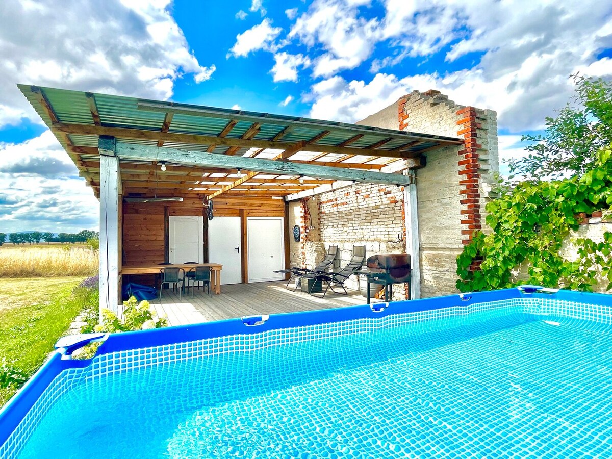 An outdoor area features a semi-covered patio with two lounge chairs and a grill, complemented by a wooden structure. A frame pool with clear water is positioned nearby, surrounded by greenery and open fields under a partly cloudy sky.
