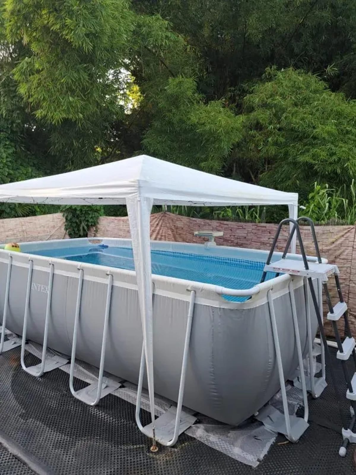 A private swimming pool is surrounded by a shaded canopy and features a sturdy ladder for easy access. The pool is set in a tranquil outdoor space, with lush greenery providing a natural backdrop, creating a serene atmosphere for relaxation.