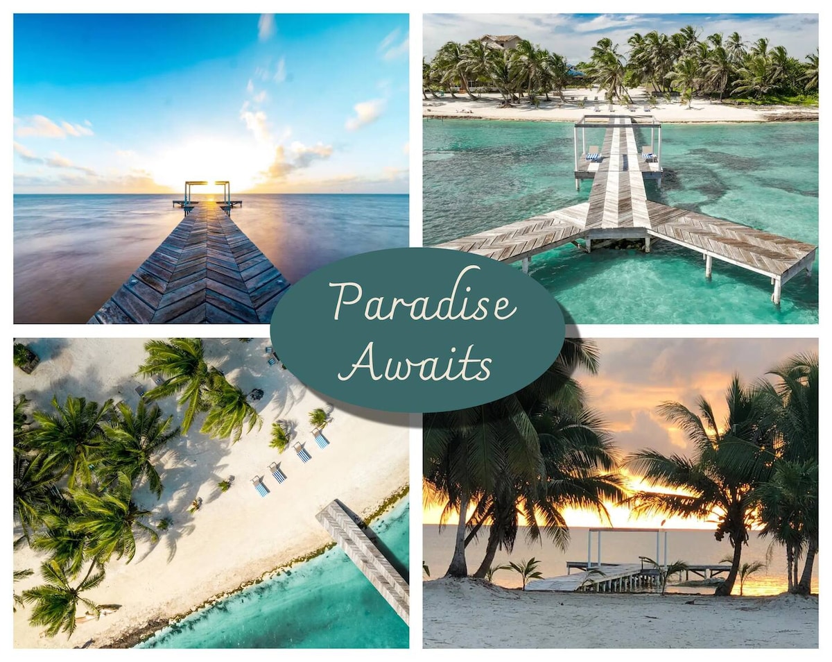A collection of four images showcases the stunning beachfront. A wooden pier extends into the clear turquoise water, framed by palm trees. Gentle waves lap against a sandy shore, with sun loungers placed for relaxation. The sky transitions through shades of blue, orange, and pink at different times.
