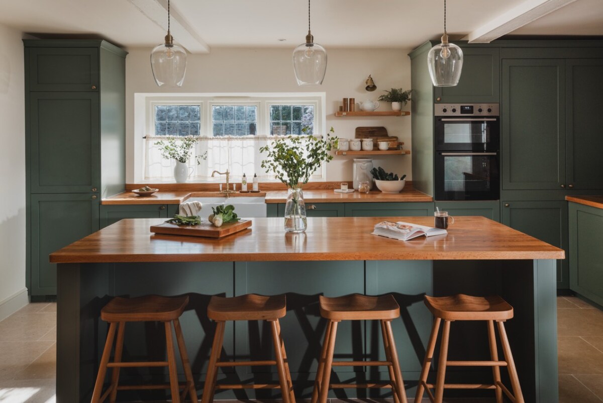 A spacious kitchen features a large island with wooden bar stools, complemented by green cabinetry and warm wooden countertops. Natural light flows through the window, enhancing the minimalist decor adorned with plants and neatly organized kitchenware on open shelves.