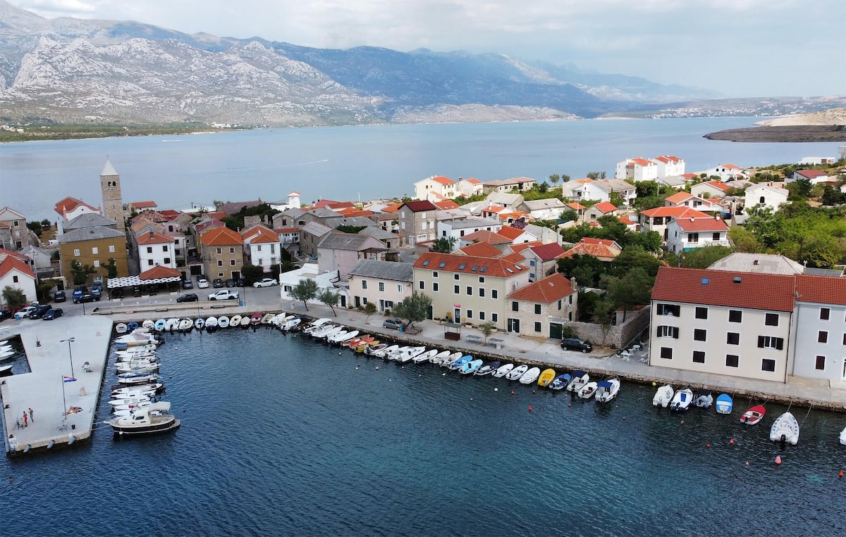 An aerial view captures the charming fishing village of Vinjerac, featuring a harbor filled with various boats. Colorful rooftops line the waterfront, and the surrounding landscape includes hills and calm waters, creating a serene coastal setting.