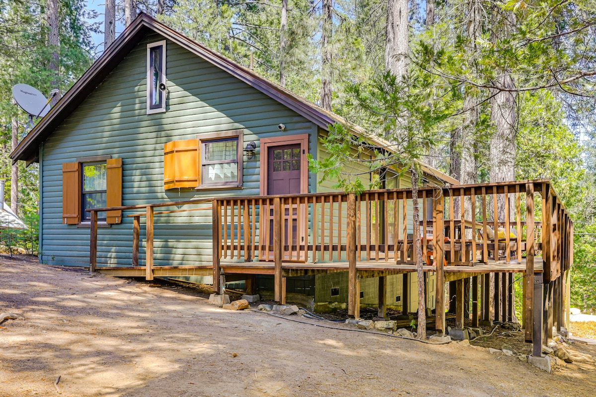 The cabin features a wooden deck that wraps around the front, offering accessible entry. Natural wood accents complement the green exterior, while bright orange shutters frame the windows. Surrounding tall trees create a secluded atmosphere, enhancing the peaceful retreat setting.