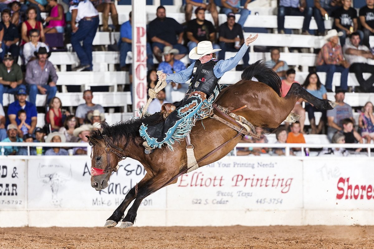 A rodeo scene is depicted, showcasing a cowboy expertly riding a bucking bronco. The crowd is visible in the background, filled with spectators seated in stands. The arena is illuminated, highlighting the energetic atmosphere of the event.