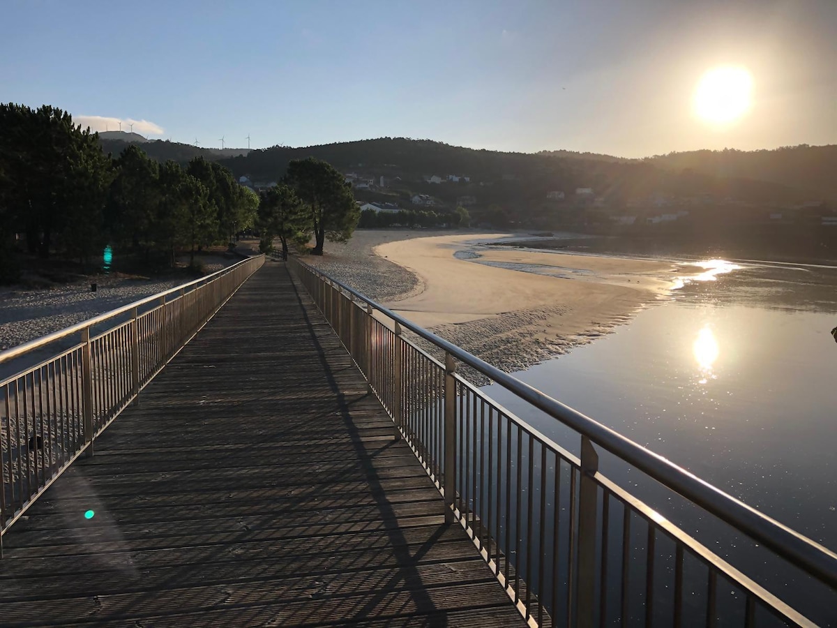 A wooden boardwalk extends over calm waters, leading towards a sandy beach. Pine trees line the path, with gentle hills visible in the background. The sun rises in the sky, casting warm light across the scene.