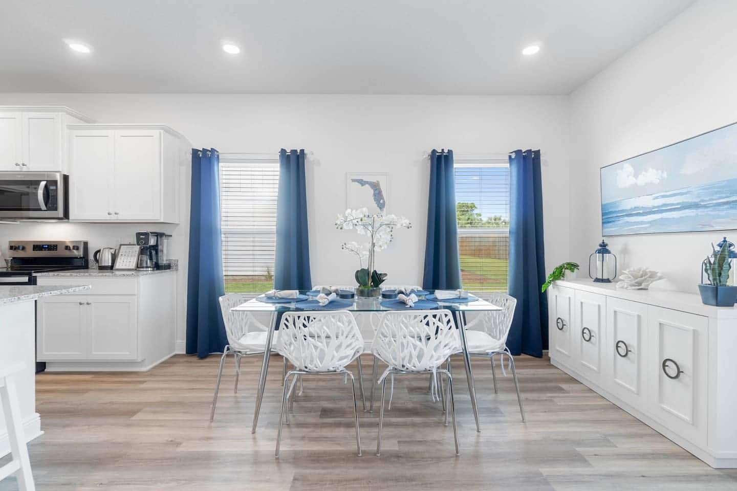Enjoy elegant dining setting for 6 (additional seating is available at the island with 4 barstools)