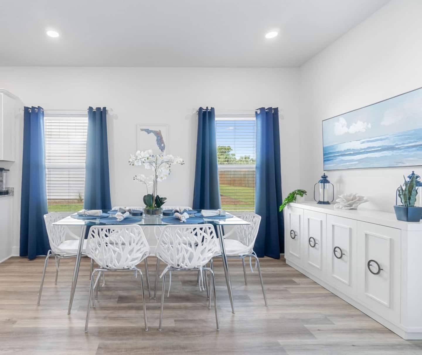 Enjoy elegant dining setting for 6 (additional seating is available at the island with 4 barstools)