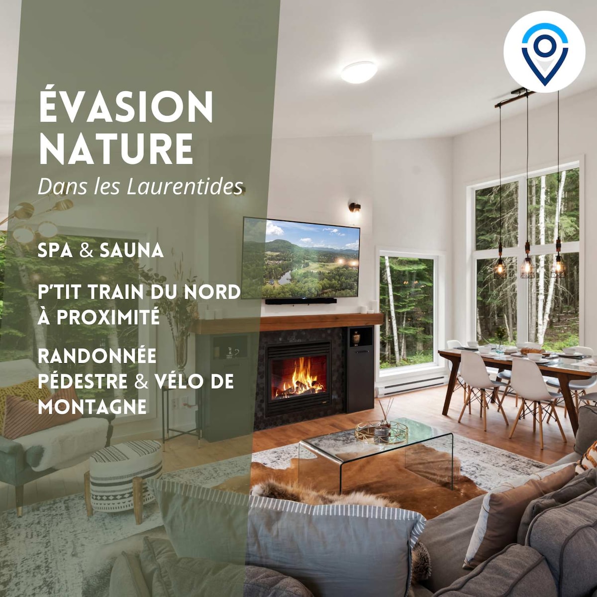 A bright living area features large windows allowing ample natural light and a view of the surrounding greenery. A modern fireplace is positioned against one wall, and a comfortable seating arrangement is visible. A television is mounted above the fireplace for entertainment.