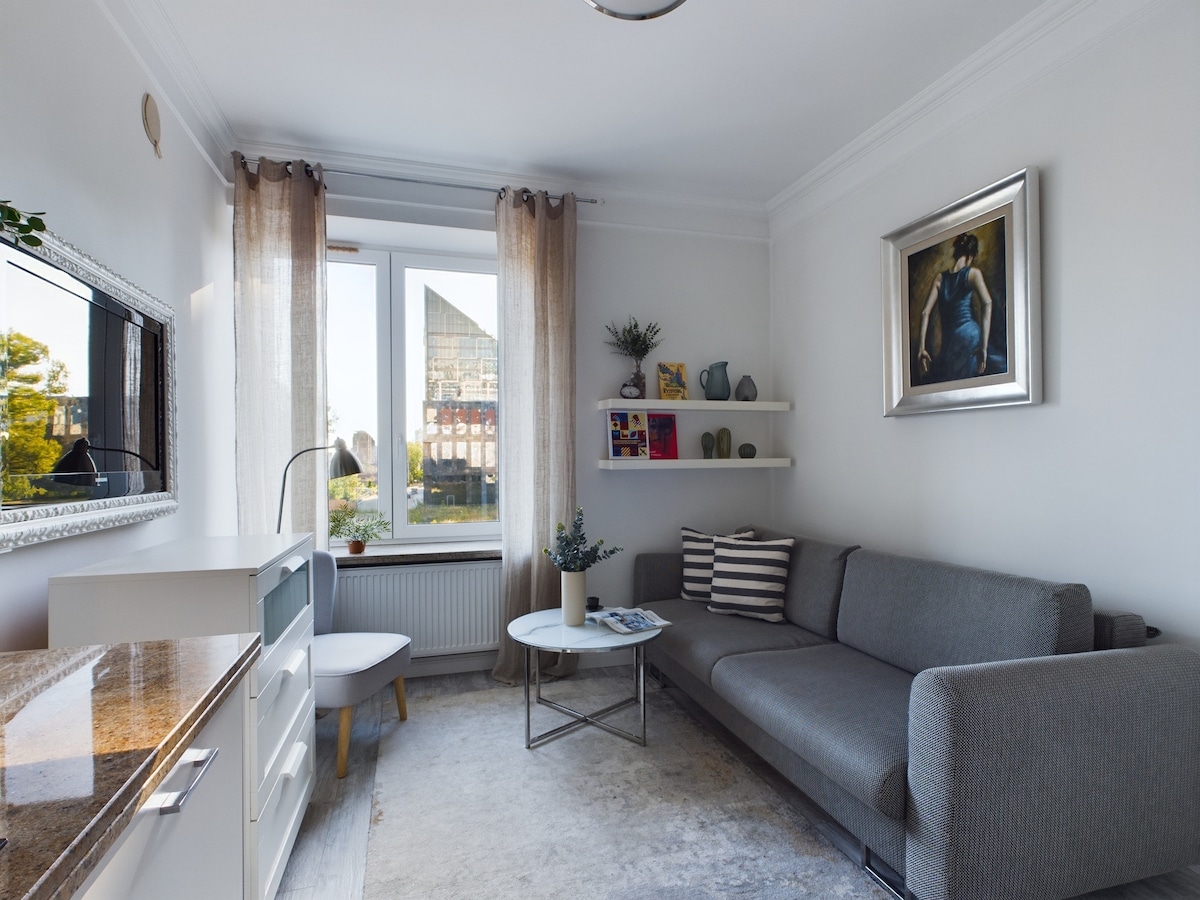 Una sala de estar luminosa con una gran ventana y un cómodo sofá gris. El espacio se abre a un balcón con vistas al exterior.